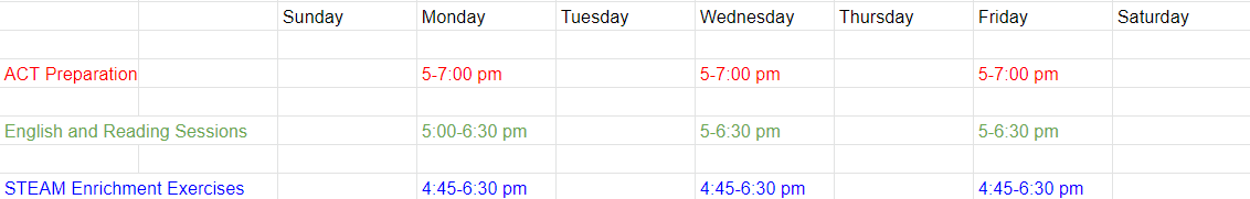 2020 tutoring schedule
